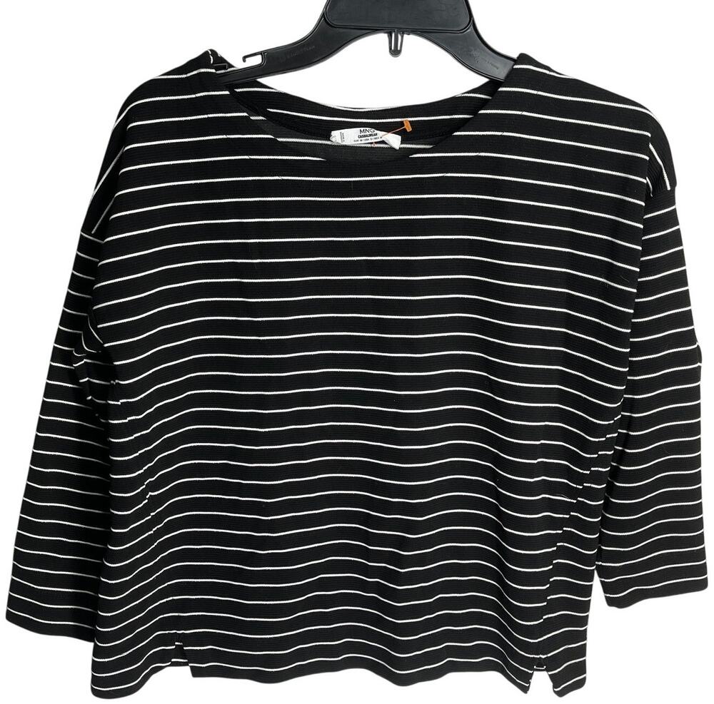 MNG Top Size S Black White Striped Long Sleeve Scoop Neck Minimalist Casual